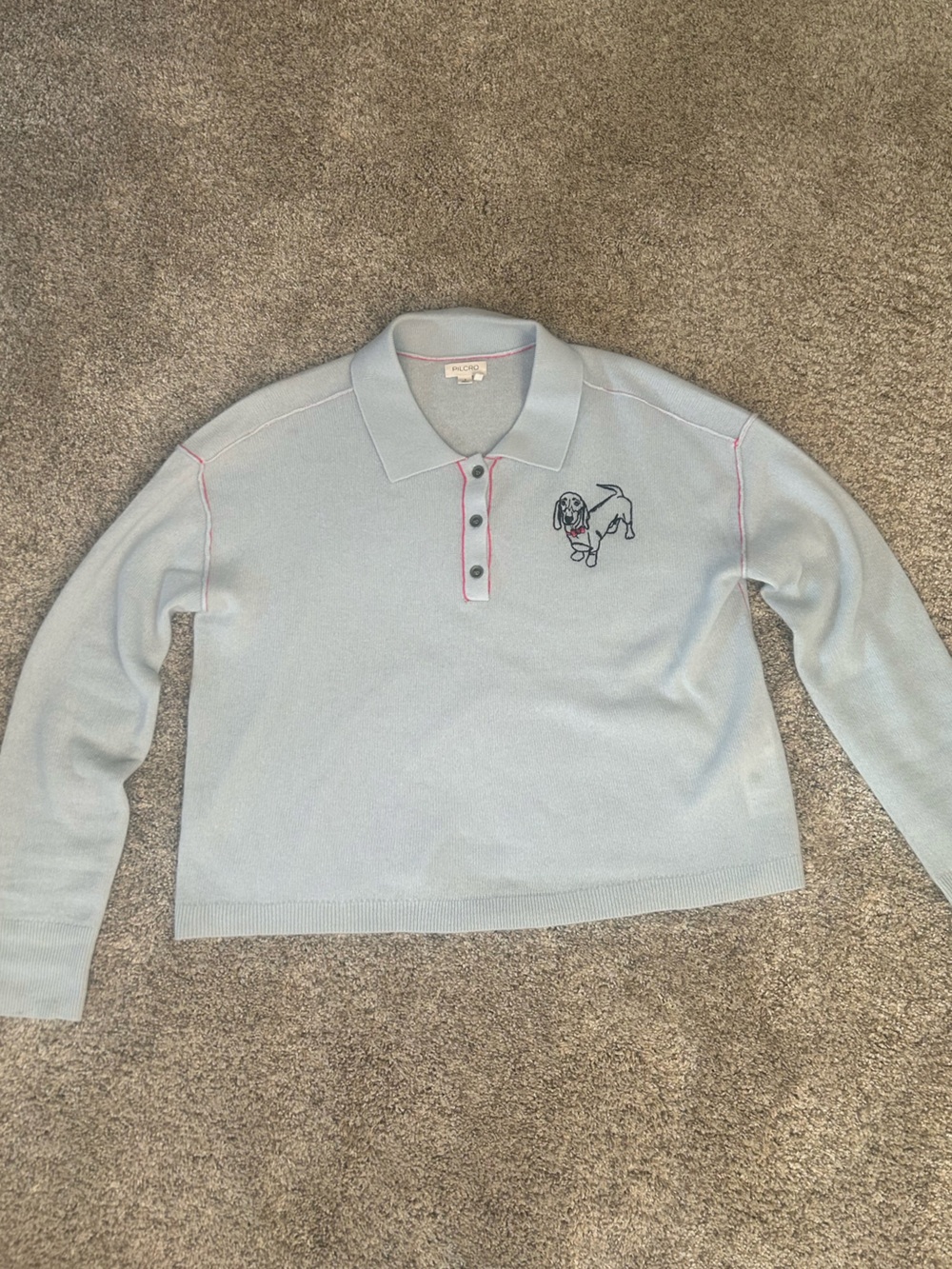 Anthropologie Pilcro The Jensen Cashmere Polo Sweater Dog Motif Blue S - Picture 2 of 6
